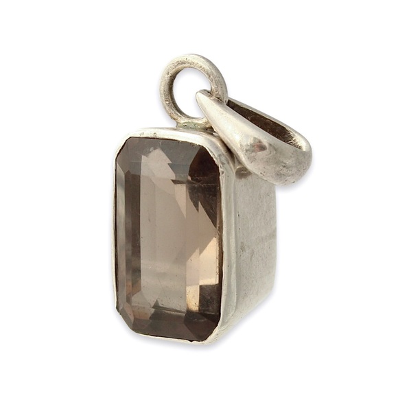 Vintage Smoky Quartz Sterling Silver Pendant Emerald Cut Gemstone Thick Bezel - Picture 1 of 6